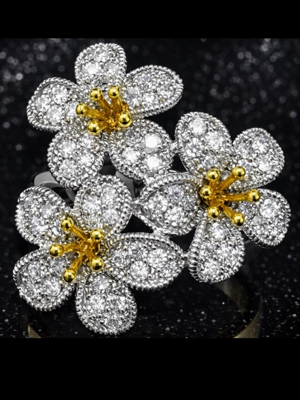 Daisy Micro Pave Set Flower Floral Cz gold silver statement Cocktail ladies Ring